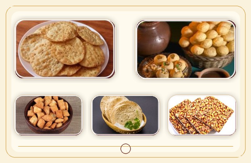 Puri, chaat counter, sakkarpara, papad and chikki product selection from Vijayrath menu