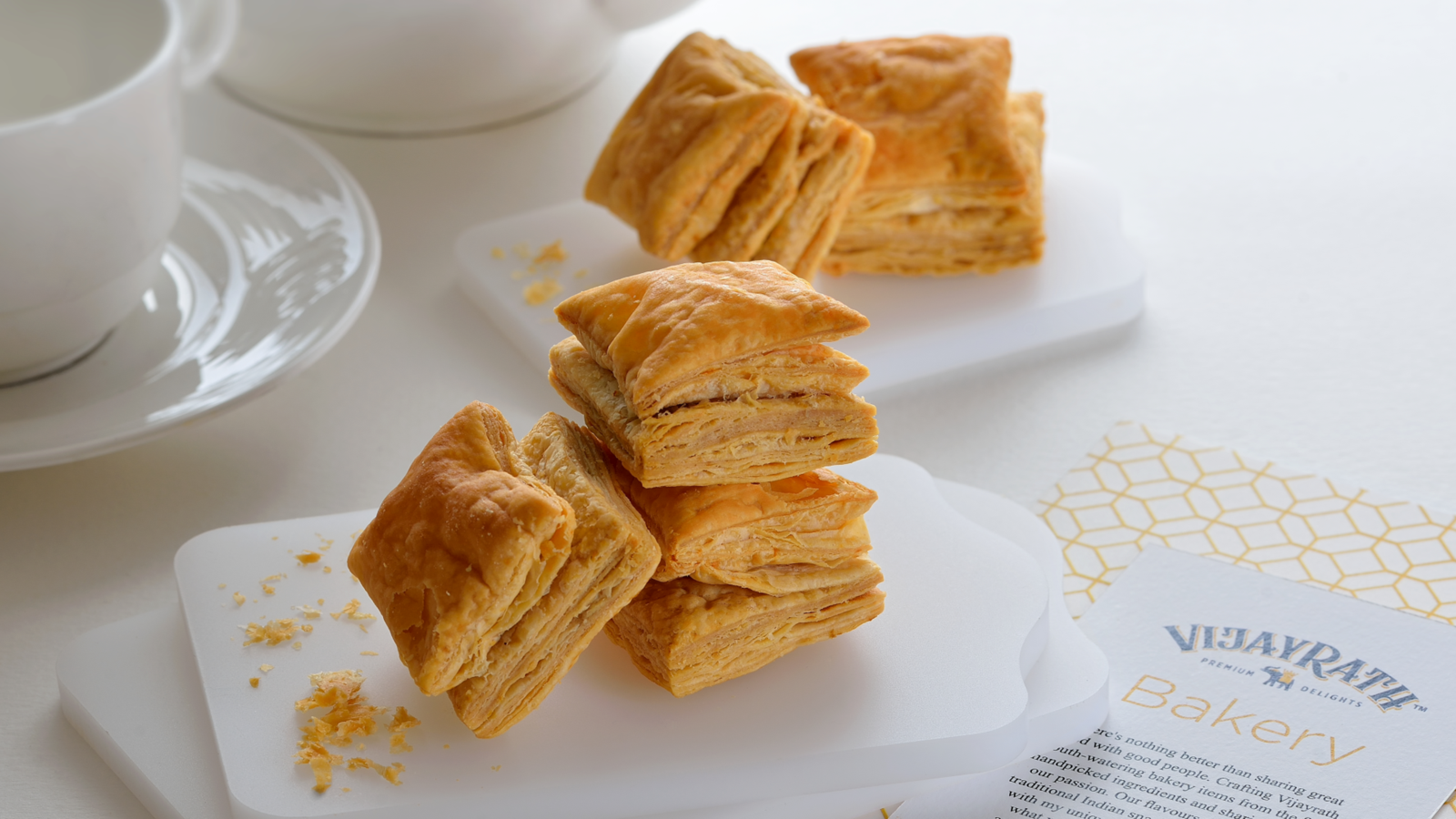 Vijayrath bakery puffs on branded product paper
