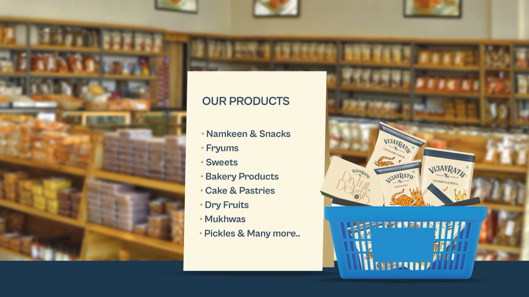 Vijayrath product range board listing namkeen, snacks, sweets and bakery products